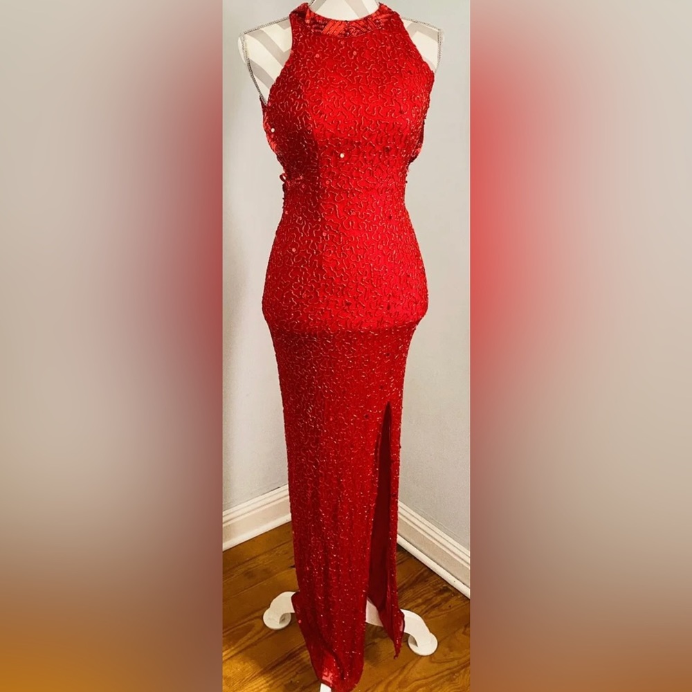 Cache Pure Silk Red Beaded Sequins Maxi Sleeveless Dress Party Prom Open Back